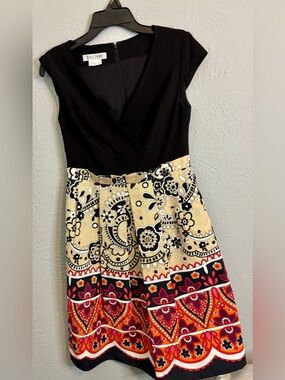 Kay Unger Black Bodice Dress with Cream and Multi-Color Printed Skirt